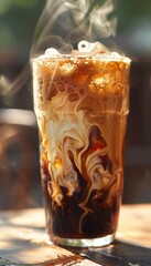 Refreshing Iced Coffee with Swirling Cream Under Bright Sunlight for Summer Vibes