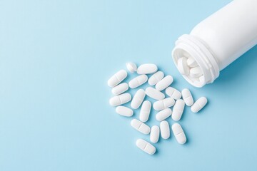 Scattered White Capsules from Bottle on Soft Blue Surface. Minimalist Health Concept with Ample Copy Space