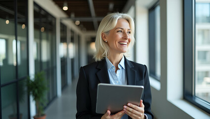 Smiling Mature Businesswoman Bank Manager: Happy Female Executive Holding Digital Tablet in Office - Perfect for Stock Photos with Copy Space for Your Business Needs