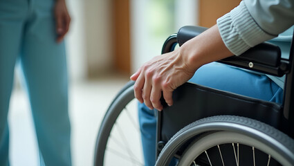 Flat Close up of senior woman hand on wheel of wheelchair during walk in hospital highlighting mobility and support for elderly concept as Senior woman hand gripping wheelchair wheel during a walk in 