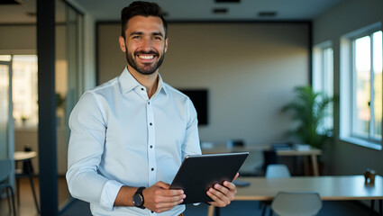 Smiling Latin Male Project Manager in Office: Happy Professional Using Tablet - Flat Vector Illustration