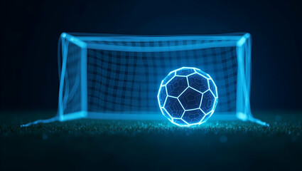 Glowing blue soccer ball in goal wireframe symbolizing goal setting and achievement in a dynamic low poly design. concept as Futuristic design emphasizes success strategy and focus visualizing persona