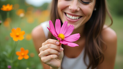 Close up of cheerful woman smelling cosmos flower in garden illustrating joy and connection with nature in portrait photography. concept as Close up of cheerful woman smelling cosmos flower in garden 