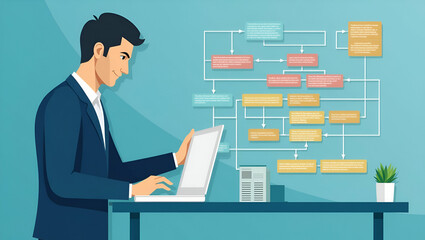 Planning workflow process management business automation flowchart process improvement step scheme hierarchy management corporate manage chart strategy businessman using computer working concept as Bu