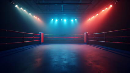 Dramatic Atmosphere of an Empty Boxing Ring: Colorful Lights Set the Stage for Professional Matches in a Simple Flat Vector Illustration