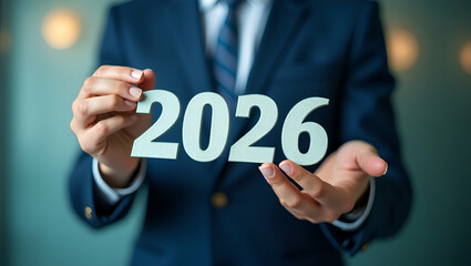 Flat Businessman planning strategy marketing and finance goals for 2026 aiming for business growth with technology AI and environmental care aligning with New Year resolutions and digital transformati