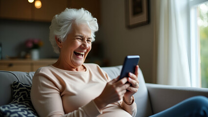 Flat Happy mature old 60s woman holding smartphone using mobile phone app for video call laughing while watching funny video feeling excited winning online lottery bid on cellphone sits on couch at ho