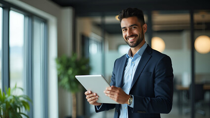 Smiling Young Latin Businessman Using Tablet in Office Portrait - Happy Hispanic Executive Posing for Photo Stock with Empty Space on Left Side