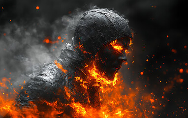 Molten Lava Athlete Fiery Sprint Through Smoke and Flames