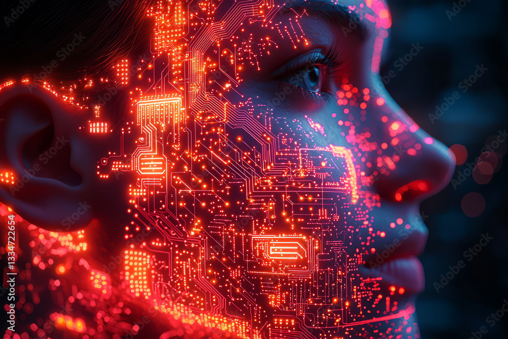 Poster a neon circuit board pattern overlaying a human silhouette. concept of technology integration and id