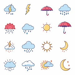 Obraz premium This set features various weather icons in a bright and cartoonish style