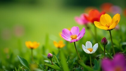 Obraz premium Close-up of colorful wild flowers blooming in lush green grass, nature, summer, outdoors