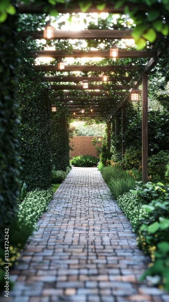 Poster enchanting pathway through a lush green arbor with glowing lanterns and a serene ambience creating a