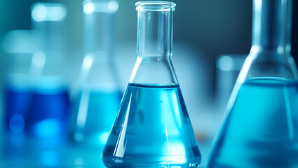 Flat blue chemical liquid experiment in science medical laboratory chemistry biology test tube beaker flask discovery research concept as Scientist carefully measures solution fosters methodical data 