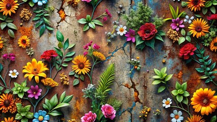 Urban Floral Seamless Pattern: Grunge Flowers & Concrete Textures