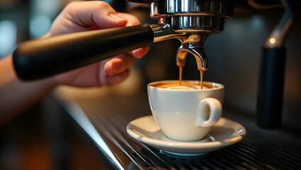 professional barista making espresso coffee to a drink cup in cafe beverage caffeine machine person pouring hot water with hand business in the morning breakfast fresh aroma in hot drink concept as Sk