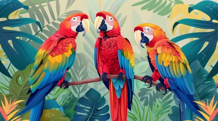 Obraz premium Enchanting portrayal of three colorful parrots perched together on a branch, surrounded by tropical flora creating a sense of tranquility.