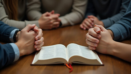 Obraz premium Flat Christian group holding hands and praying with Bible on wooden table during devotional prayer meeting representing faith worship and community prayer concept as Christian group holding hands and 