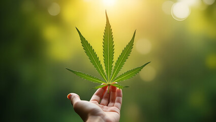 Handheld cannabis leaf swaying breeze natural light eco branding connection sustainable health branding holistic product marketing synergy concept as Close up cannabis movement fosters eco friendly br