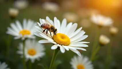 Bee gathers nectar from white chrysanthemum flowers in autumn garden highlighting pollination and natural beauty. concept as Bee gathers nectar from white chrysanthemum flowers in autumn garden highli