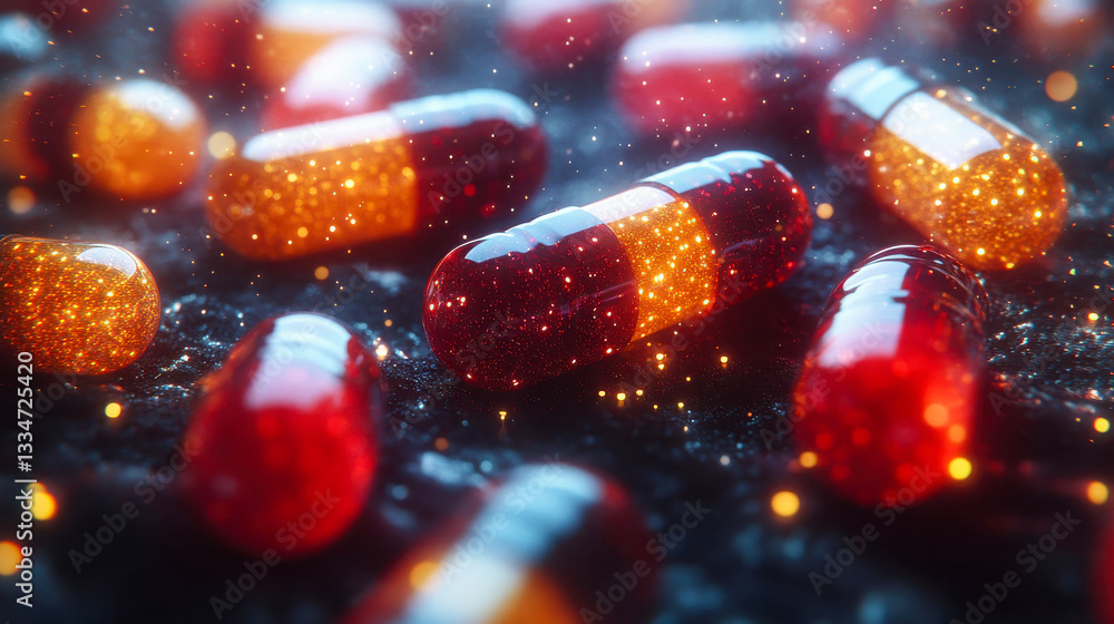 Poster close-up of futuristic red capsules filled with glowing golden particles, floating in a dark ambient