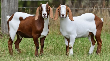 Charming Female Boer Goats Grazing Gracefully in a Lush Farm Pasture