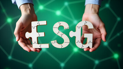 Hands holding jigsaw pieces labeled ESG represent environmental social and governance principles for ethical business on green network background. concept as Visualizes integration of ESG factors into
