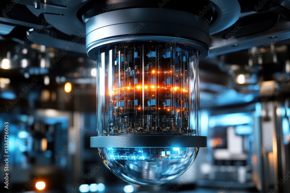 Poster emerging technology showcases intricate quantum computing hardware in advanced laboratory setting