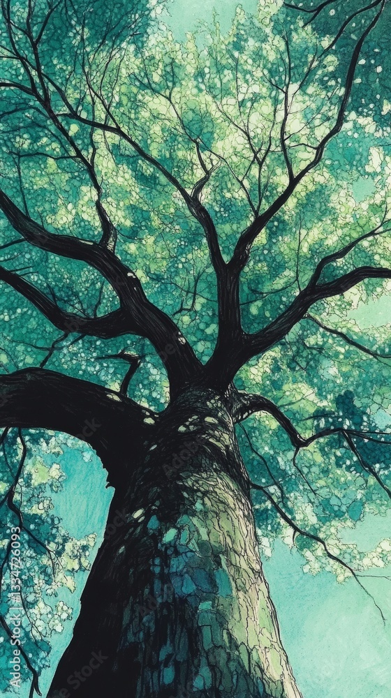 Poster enchanting upward view through the canopy of a towering tree, showcasing its robust trunk and delica