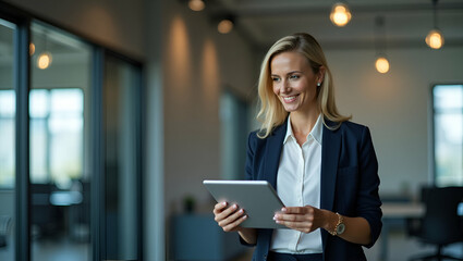 Flat Mature businesswoman entrepreneur digital tablet in hand projecting authority while building profitable HR solutions in office setting. concept as Confident 40 year old female leader looks at cam