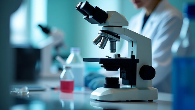 Flat microscope in a medical research lab or science laboratory study for making vaccine to protection a coronavirus COVID 19 concept as A close up microscope focuses on pathogens in a specialized fac