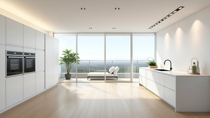 Modern white kitchen with wood floor recessed lighting and balcony view concept as A modern white kitchen featuring a wood floor recessed lighting and a balcony view in  Photo Stock  Concept  and empt