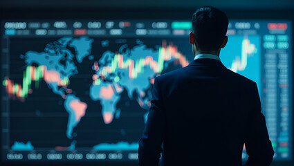 Confident businessman standing in front of stock market screens generated using AI representing financial expertise and trading. concept as Confident businessman standing in front of stock market scre