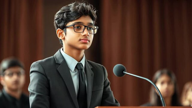 An Indian student demonstrating critical thinking and public speaking abilities while competing in a debating tournament.