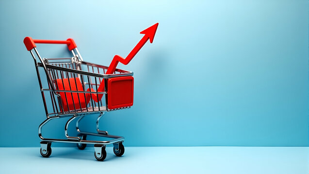 Shopping trolley with red chart falling down on blue background copy space. Economic recession crisis core retail sales decrease inflation or goods price up concept. concept as Image of a shopping tro