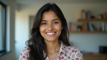 Flat Young Indian woman online teacher counselor remote tutor or job applicant speaks on webcam giving online training virtual class lesson video call interview. Webcam view face headshot. concept as 