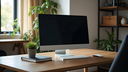 Home Office Setup: Enhance Productivity in Remote Work Environments with a Computer on the Table - Stock Photo Concept Featuring a Working Room and Empty Space for Customization
