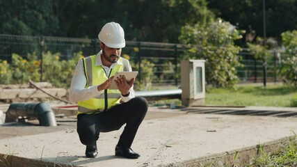 Experienced inspector squats controlling waste water treatment plant work at countryside. Technician in helmet and vest checks data at sewerage purification station. Copy space