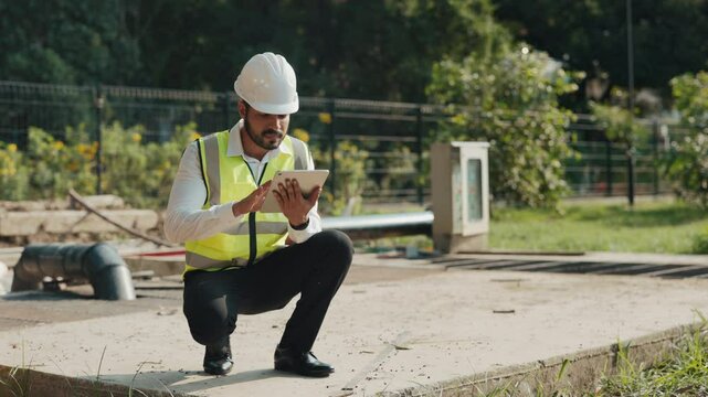 Experienced inspector squats controlling waste water treatment plant work at countryside. Technician in helmet and vest checks data at sewerage purification station. Copy space