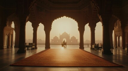 Serene Sunset in Historic Architecture with Silhouette and Ethereal Light in Background