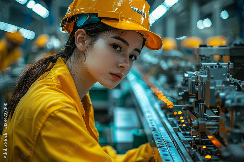 Poster a factory worker monitoring robotic arms assembling precision machinery. concept of industrial autom