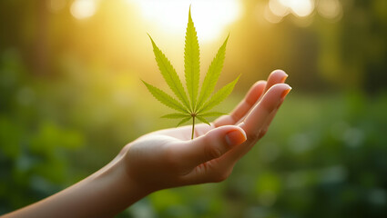 Handheld cannabis leaf swaying breeze natural light eco branding connection sustainable health branding holistic product marketing synergy concept as Close up cannabis movement fosters eco friendly br