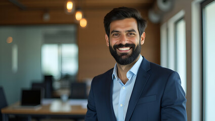 Fototapeta premium Happy Smiling Bearded Indian Businessman: Small Business Owner & Successful Lawyer Posing for Headshot Portrait in Office - Stock Photo Concept with Empty Space