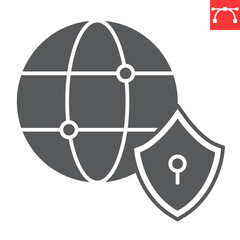 Globe with padlock glyph icon, security and vpn, network security vector icon, vector graphics, editable stroke solid sign, eps 10.