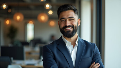 Fototapeta premium Happy Smiling Bearded Indian Businessman: Small Business Owner, Company Leader, and Successful Lawyer Posing for Headshot Portrait in Office with Empty Space for Text