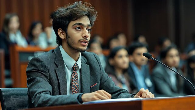 An Indian student demonstrating critical thinking and public speaking abilities while competing in a debating tournament.