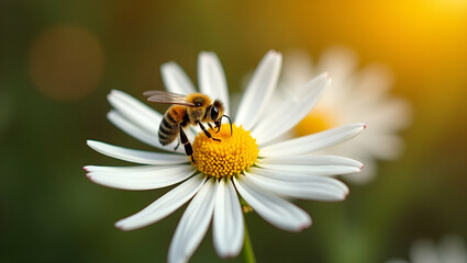 Obraz premium Stunning Autumn Garden: Bee Collecting Nectar from White Chrysanthemum Flowers - A Beautiful Display of Pollination and Nature's Splendor in Stock Photography with Space for Text