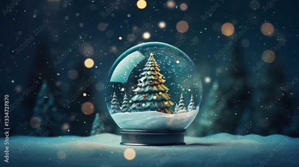Poster enchanting winter night snow globe scene with a decorated evergreen tree and bokeh lights creating a