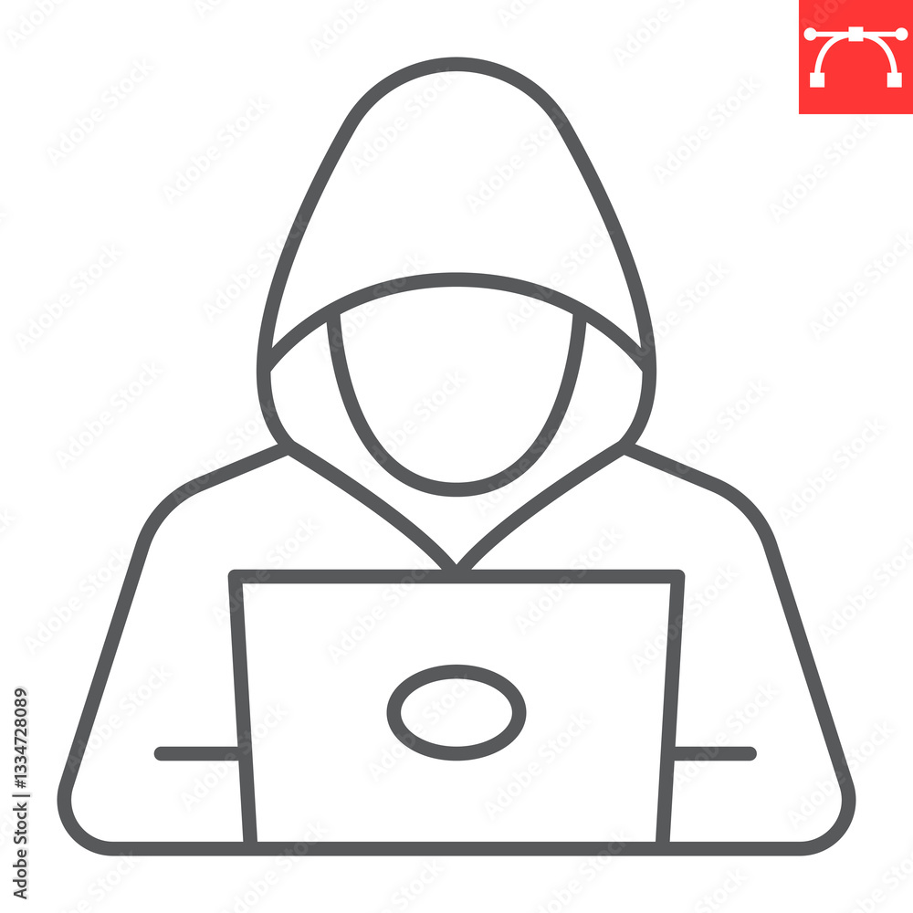 Poster hacker with laptop line icon, security and protection, hacker vector icon, vector graphics, editable