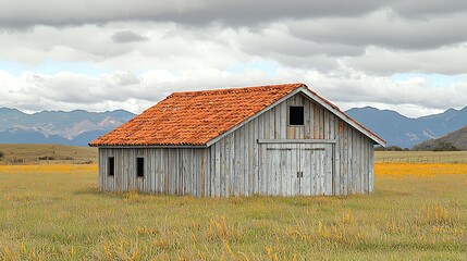 Rustic wooden barn in a field under a cloudy sky